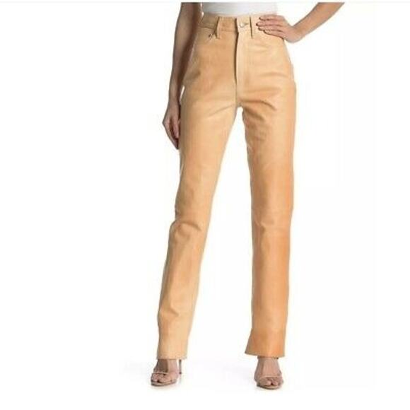 Helmut Lang Femme Hi Bootcut Pants Raw Leather Slim Fit High Rise Natural Sz 24 - Picture 1 of 12